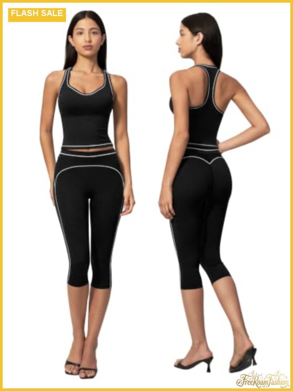 Women's Two Piece Workout Set Racerback Crop Top High Waist Capri Pants Gym Yoga